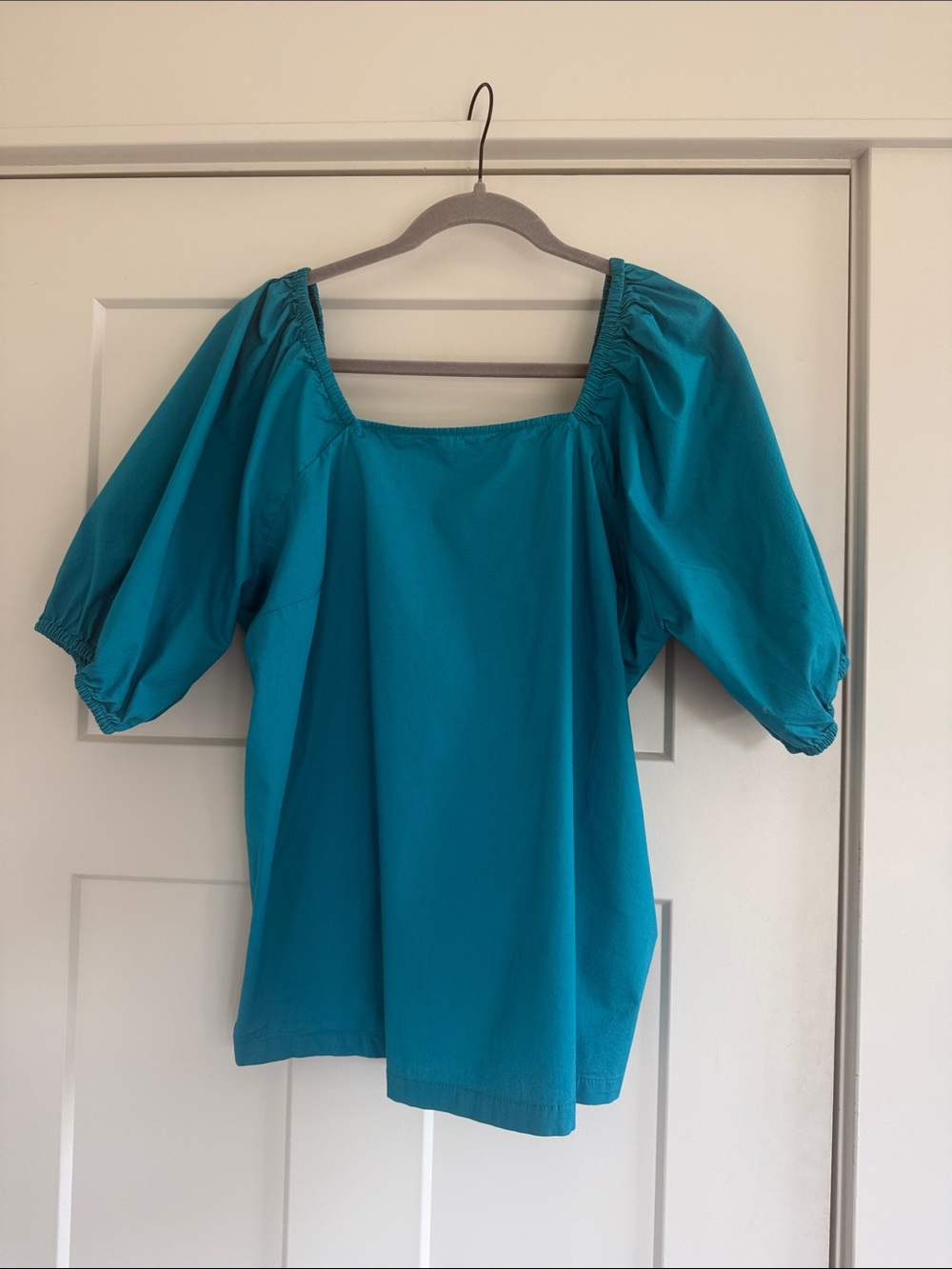 Candace Cameron Bure Square Neck Balloon Sleeve Top in the shade Deep Lagoon. XL